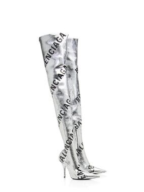 Balenciaga Silver Metallic Logo Thigh-High Stiletto Boots